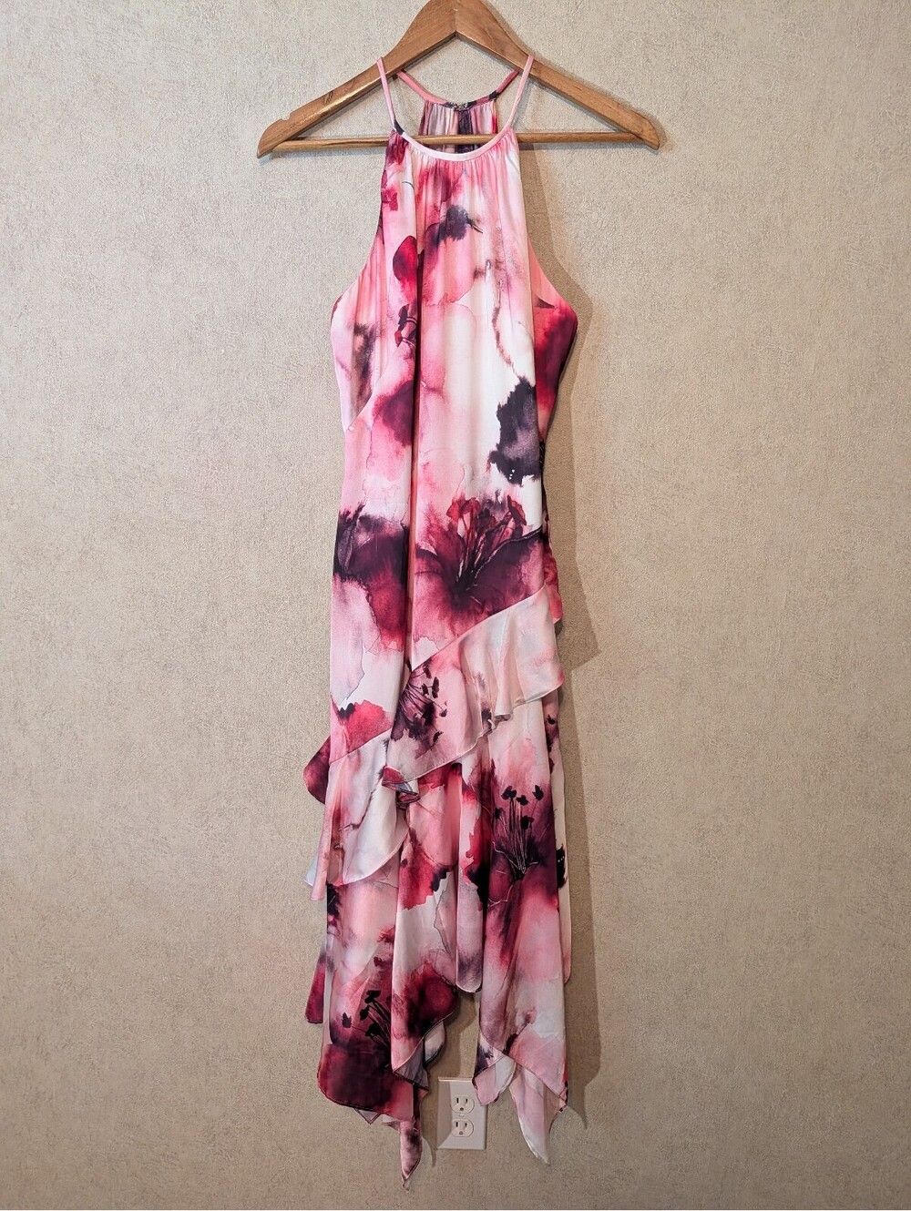 THEIA pink white watercolor ruffle maxi dress sz 10